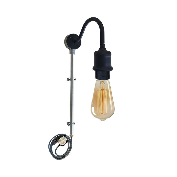 Industrial Galvanised Conduit Pipe Plug-in Wall Light with Fabric Cable~1604 – Black / Yes
