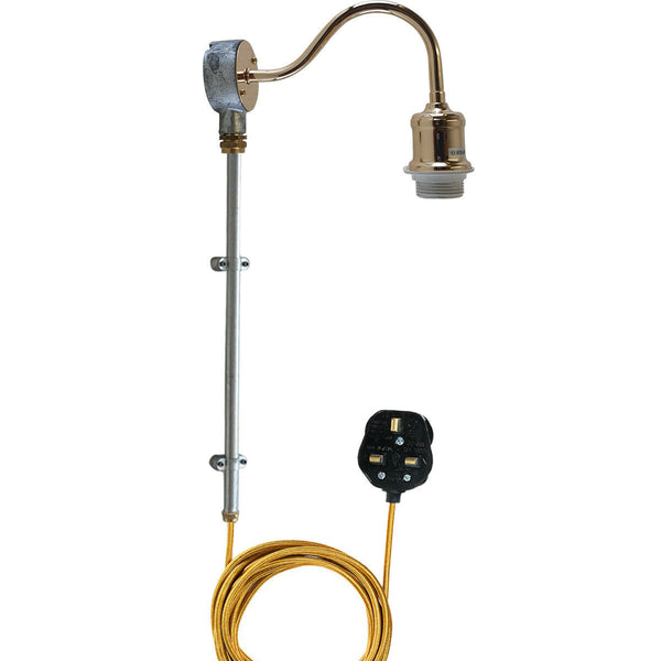 Industrial Galvanised Conduit Pipe Plug-in Wall Light with Fabric Cable~1604 – French Gold / No