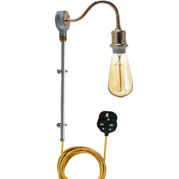 Industrial Galvanised Conduit Pipe Plug-in Wall Light with Fabric Cable~1604 – French Gold / Yes