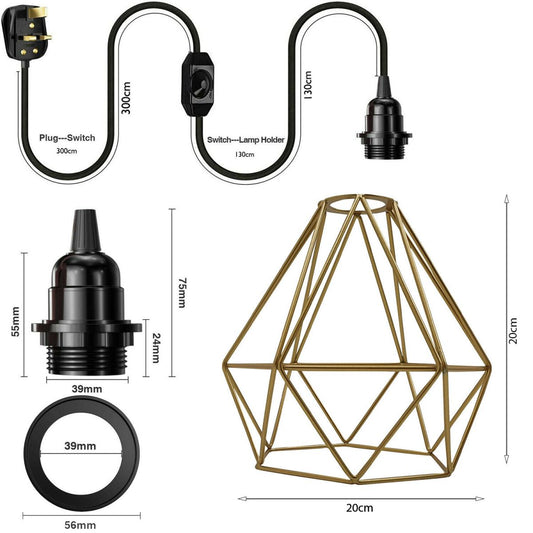 Gold Wire Cage Pendant Light Plug in Vintage Pendant Light with Dimmer Switch~1866 - LEDSone UK Ltd
