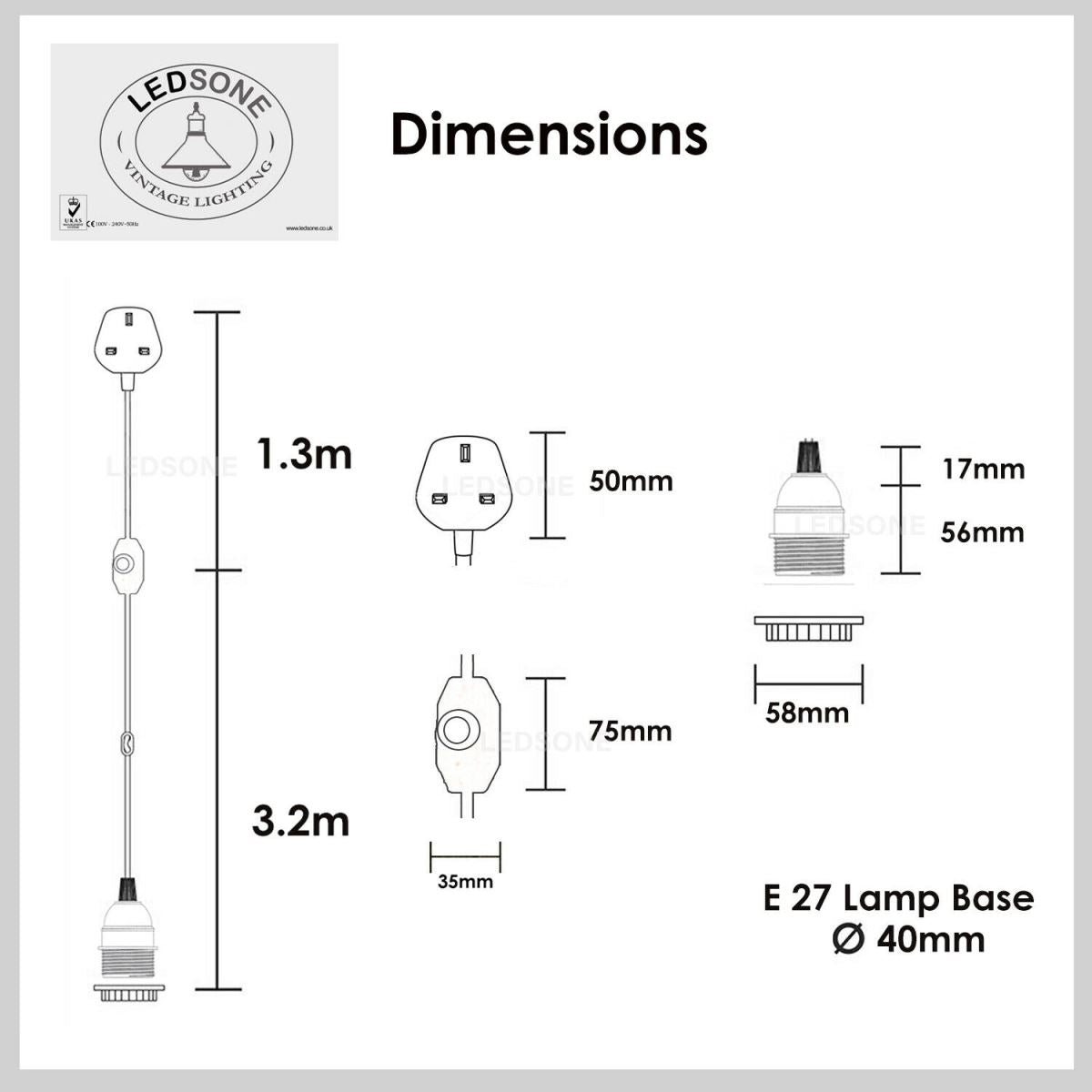 Grey Color Dimmer Switch 4.5m Fabric Flex Cable Plug In Pendant Lamp E27 Holder~2584 - LEDSone UK Ltd