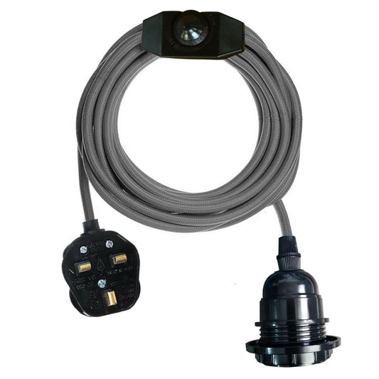 Grey Color Dimmer Switch 4.5m Fabric Flex Cable Plug In Pendant Lamp E27 Holder~2584 - LEDSone UK Ltd