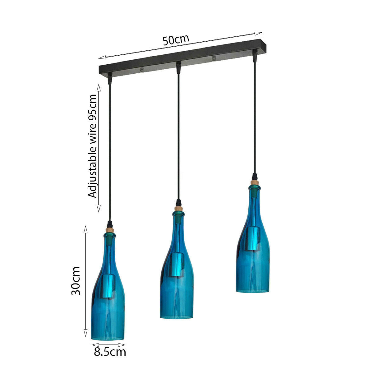 Industrial Ceiling Pendant Light 3 Head Blue Glass Lampshade~1916 - LEDSone UK Ltd