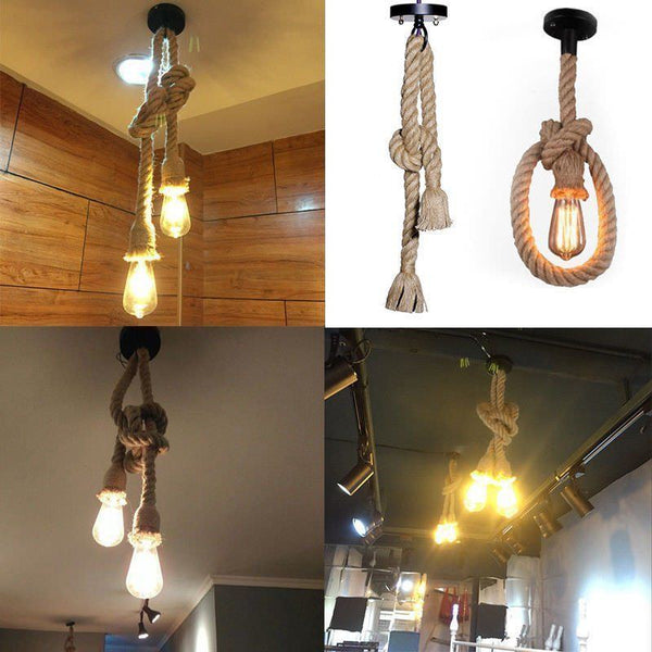 Vintage hemp rope pendant light with knotted rope cable