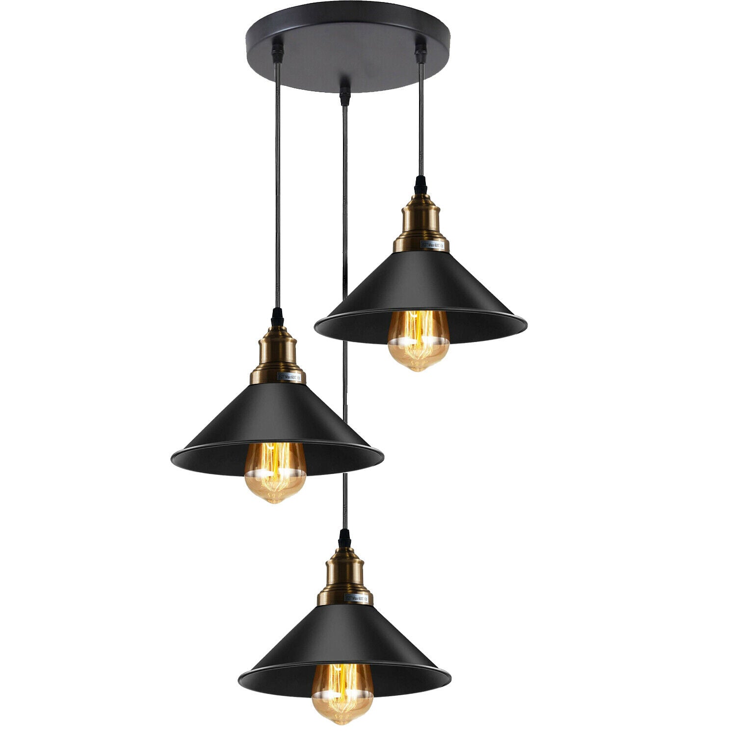 Black 3 Way Pendant Light Fixture Cone Shade Hanging Pendant Ceiling Lights~1492 - LEDSone UK Ltd