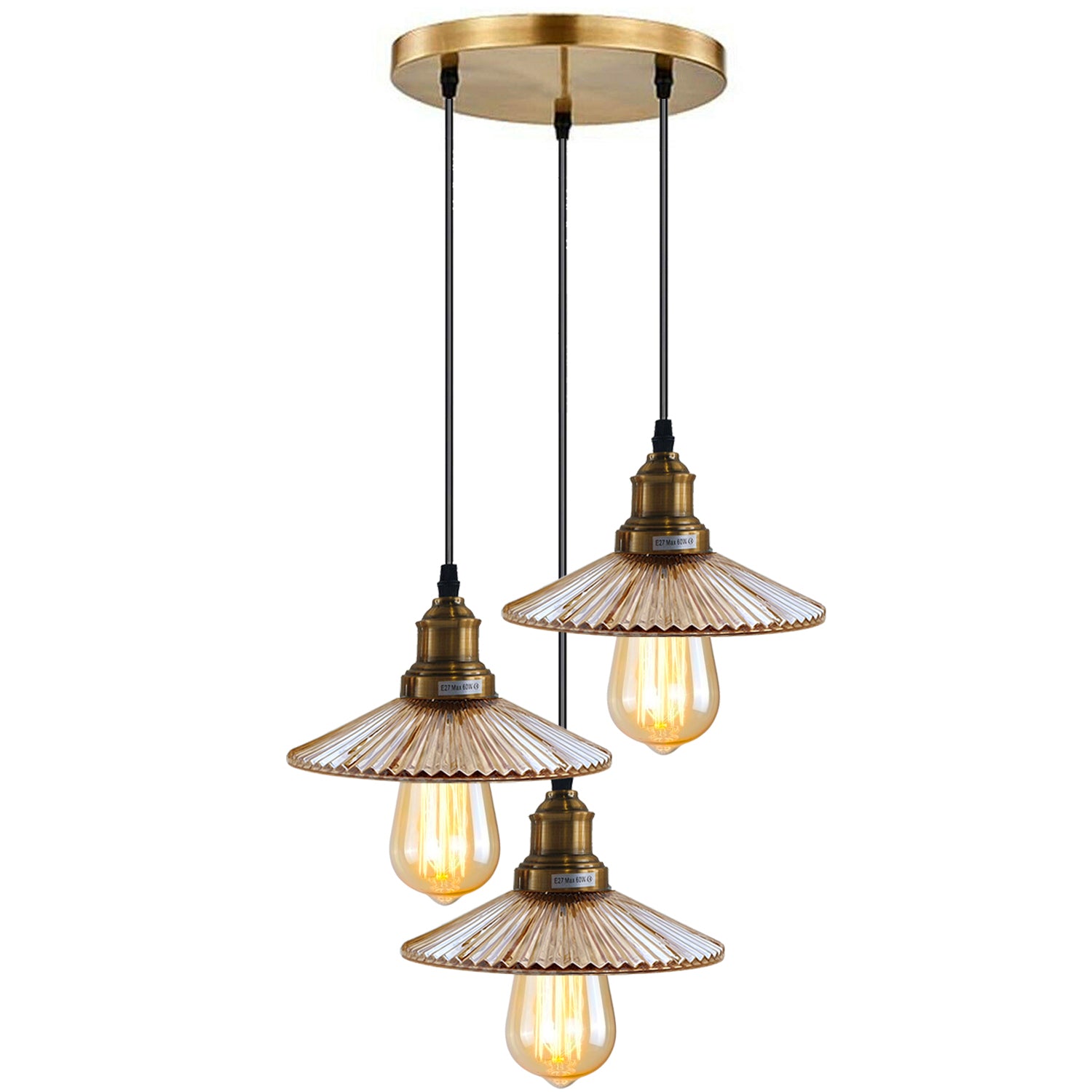 3 Way Ceiling Pendant Light Cluster Light Fitting Glass Lampshade Yellow Brass Finish Home E27 Lighting Kit~1559 - LEDSone UK Ltd