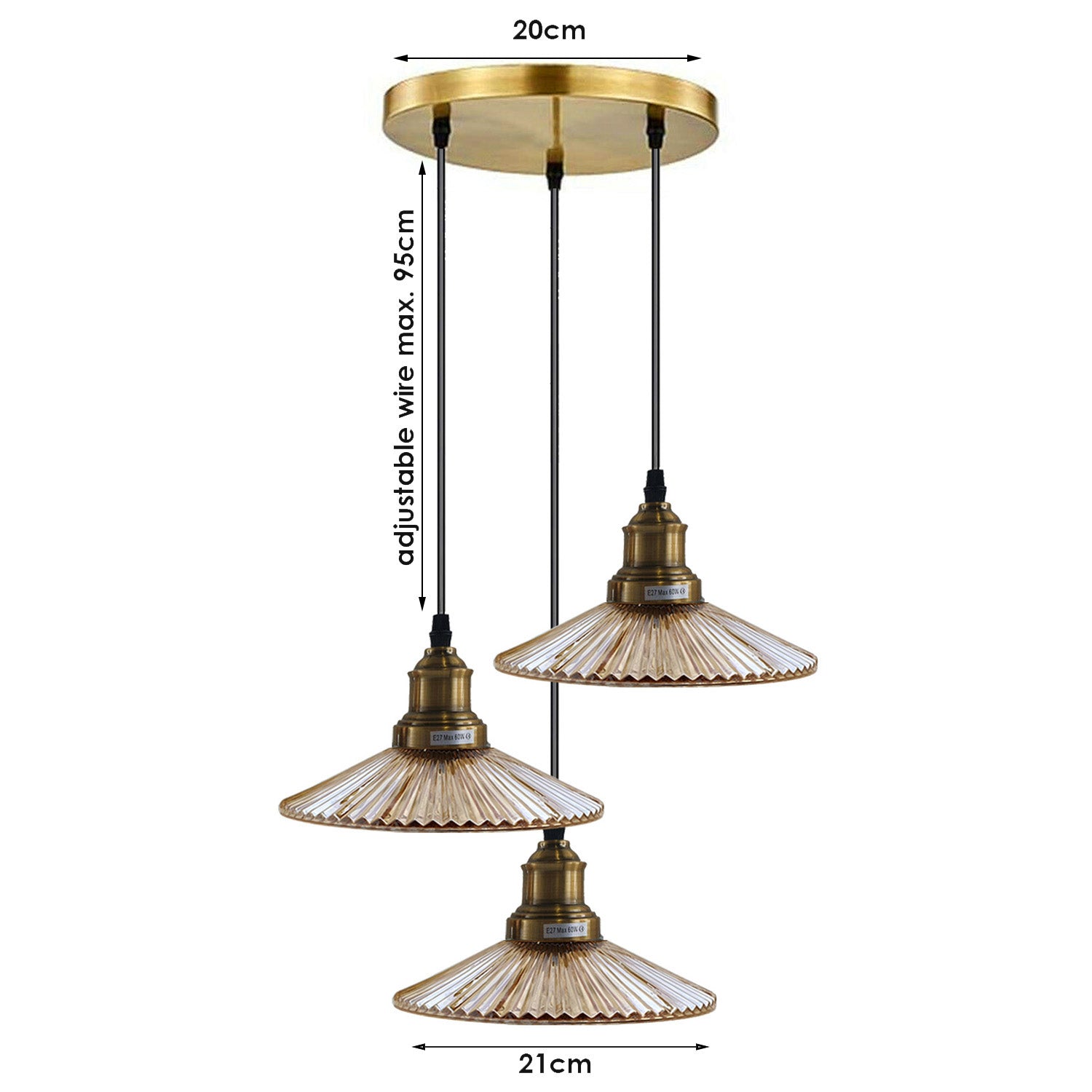 3 Way Ceiling Pendant Light Cluster Light Fitting Glass Lampshade Yellow Brass Finish Home E27 Lighting Kit~1559 - LEDSone UK Ltd