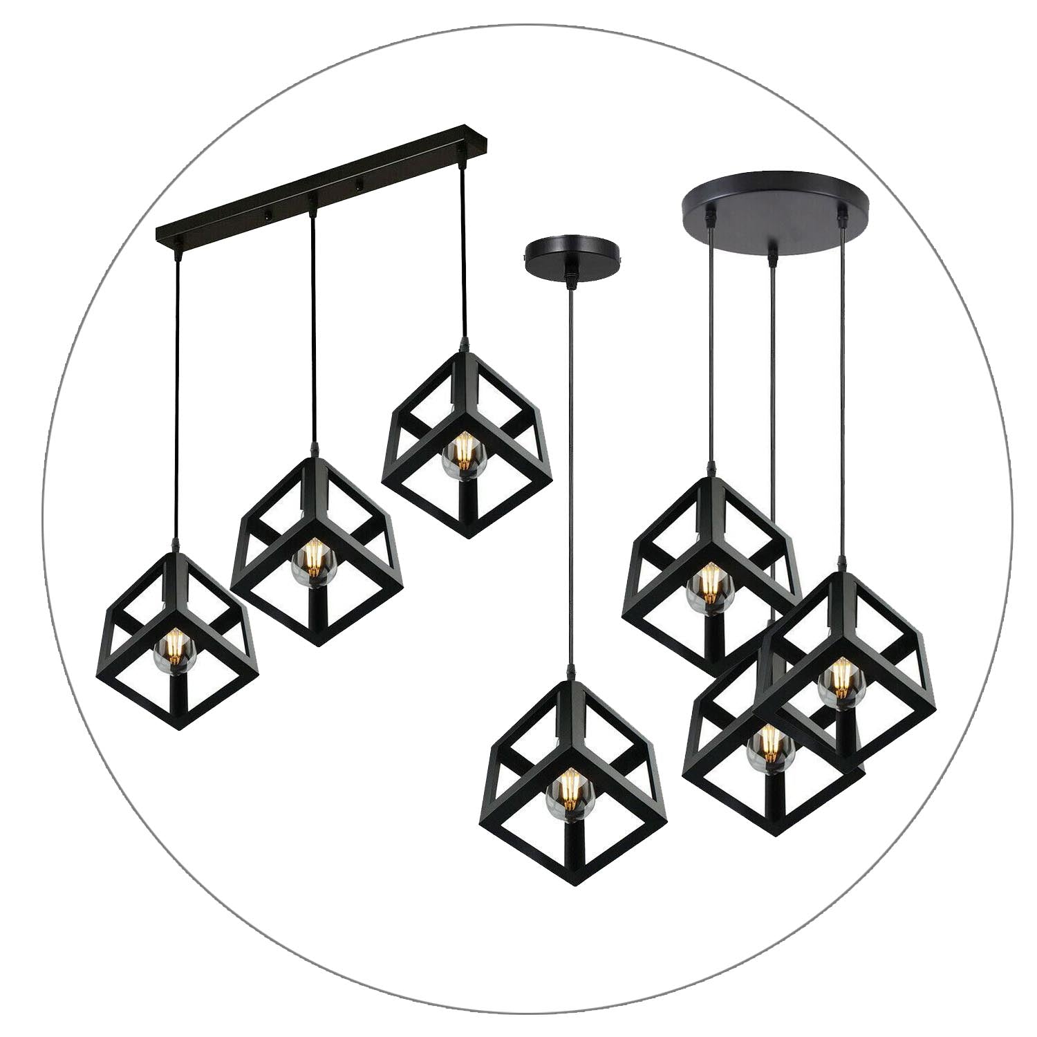 Vintage Industrial 1/3 Light Black Square Cluster Pendant Light Fitting~1256 - LEDSone UK Ltd