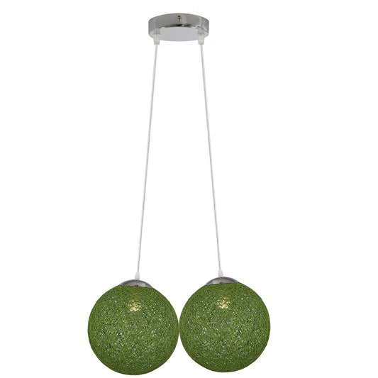 Rattan Wicker Woven Ball Globe Two Outlet Pendant Lampshade Green~1814 - LEDSone UK Ltd