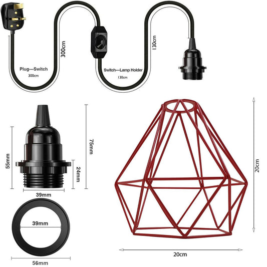Red Cage With 4m Black Dimmer Switch Plug In Pendant Light~1868 - LEDSone UK Ltd