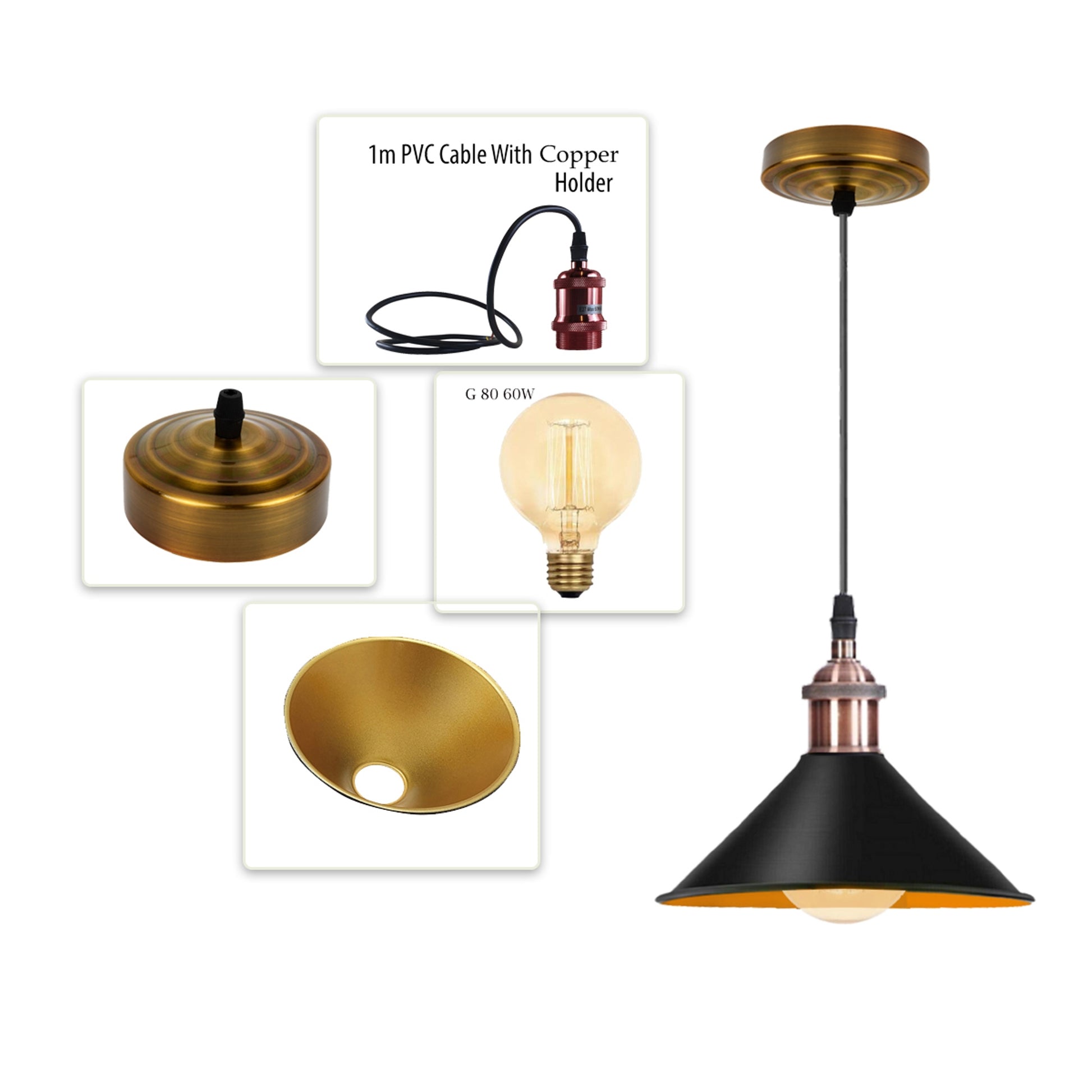 Retro Metal Pendant Black Ceiling Light Lamp Shade With Copper Holder~1511 - LEDSone UK Ltd