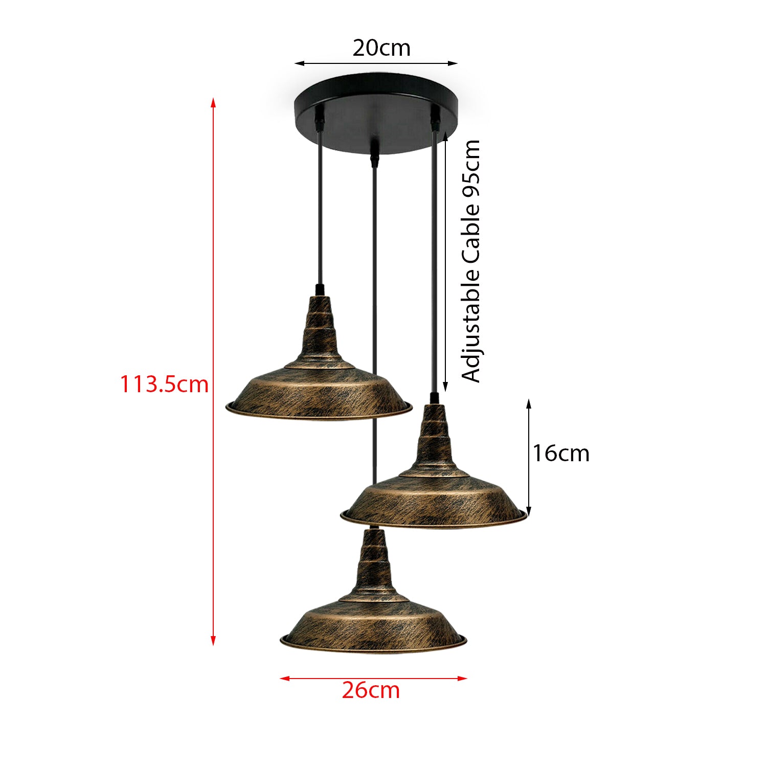 Industrial Vintage 3 head Lights Pendant Round Ceiling Light 26cm Bowl Shade Brushed Copper~3743 - LEDSone UK Ltd