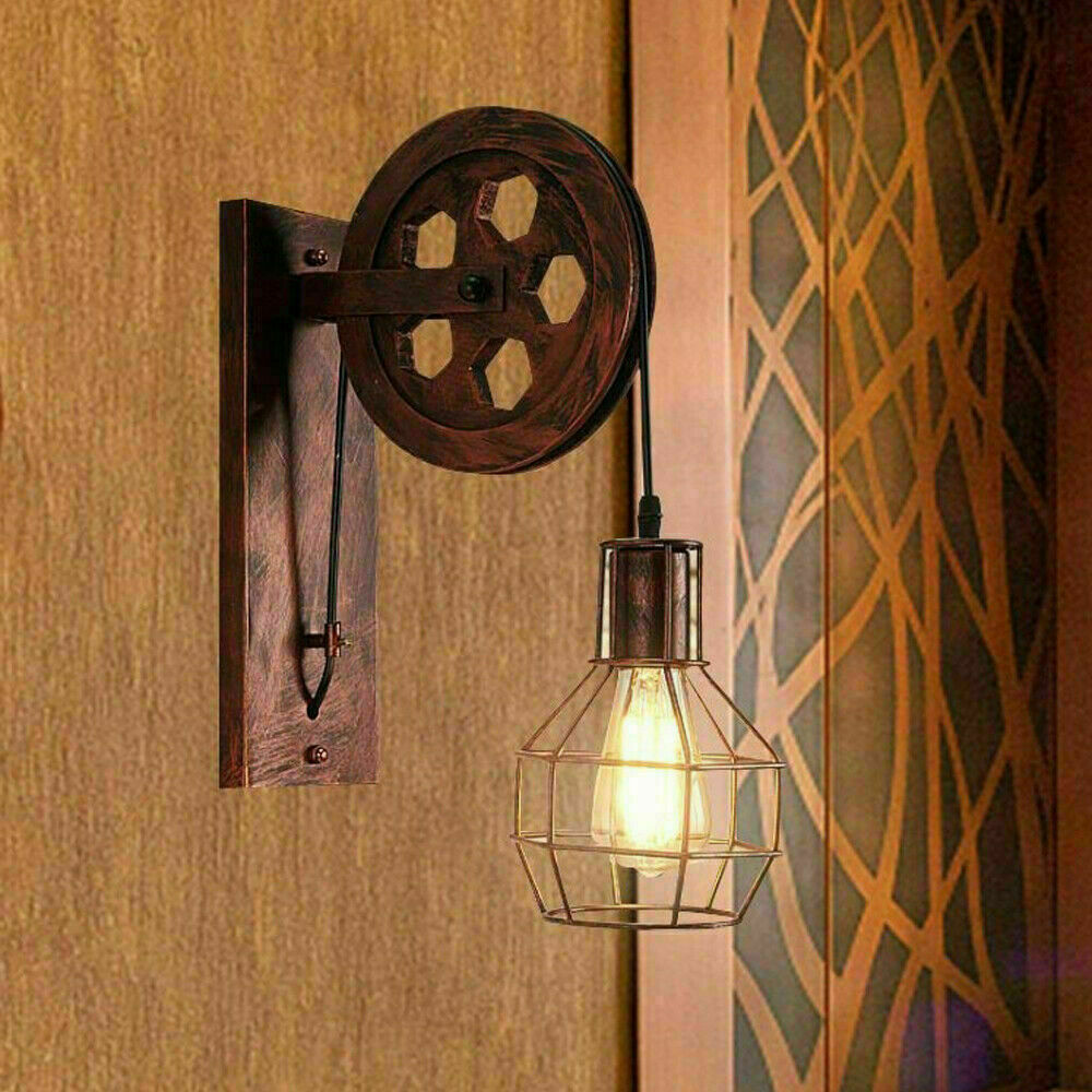 Rustic Red Loft Style Wall lamp Antique Lift Retractable Pulley Wall Lighting~1912 - LEDSone UK Ltd