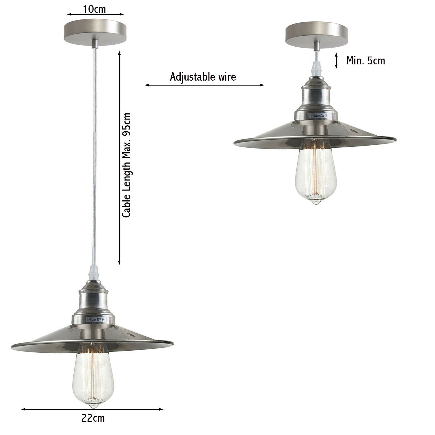 Industrial Pendant Light, Metal Hanging Ceiling Lights Fixture with Metal Flat Shade~1275 - LEDSone UK Ltd