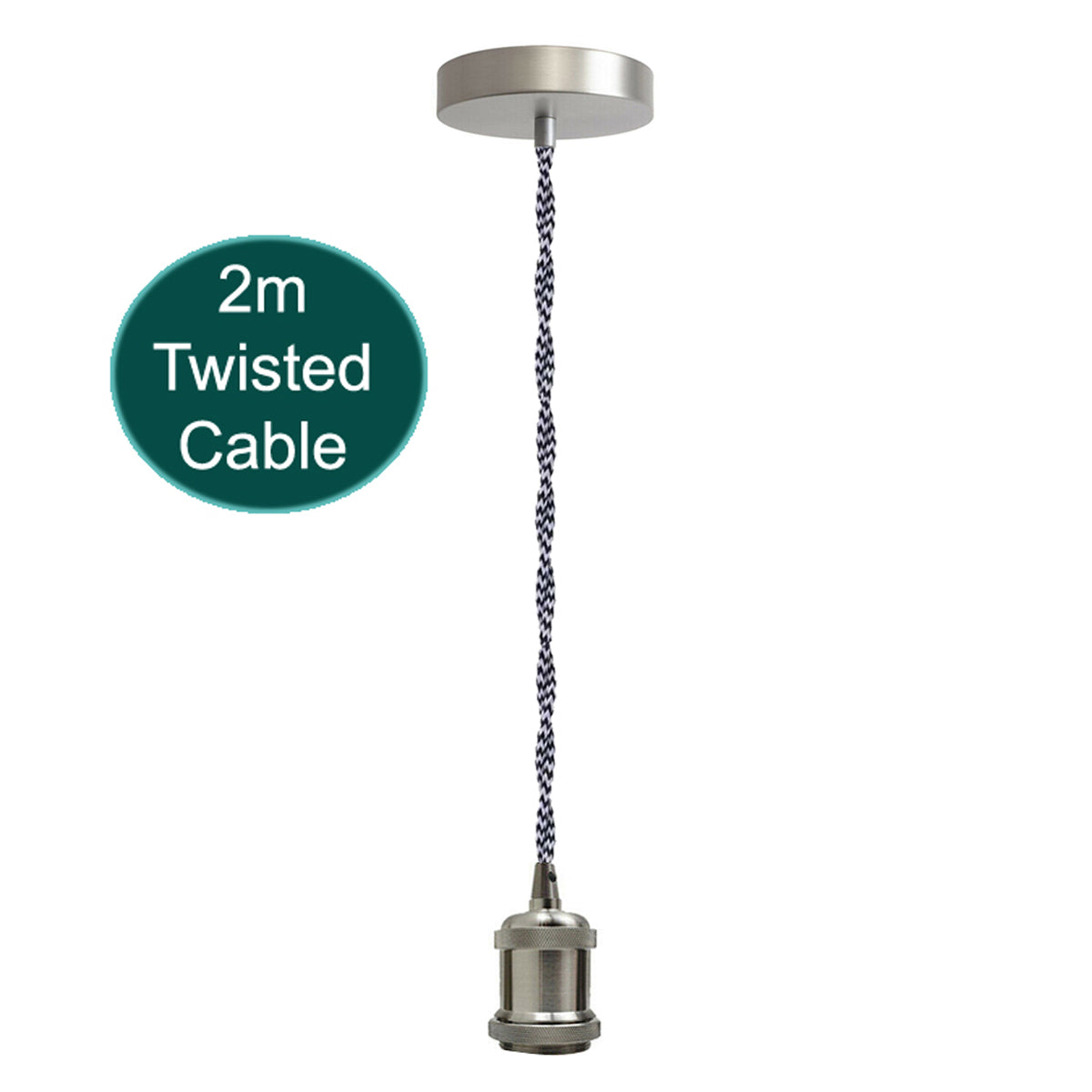 2m Black & White Twisted Cable E27 Base Satin Nickel Pendant Holder~1733 - LEDSone UK Ltd