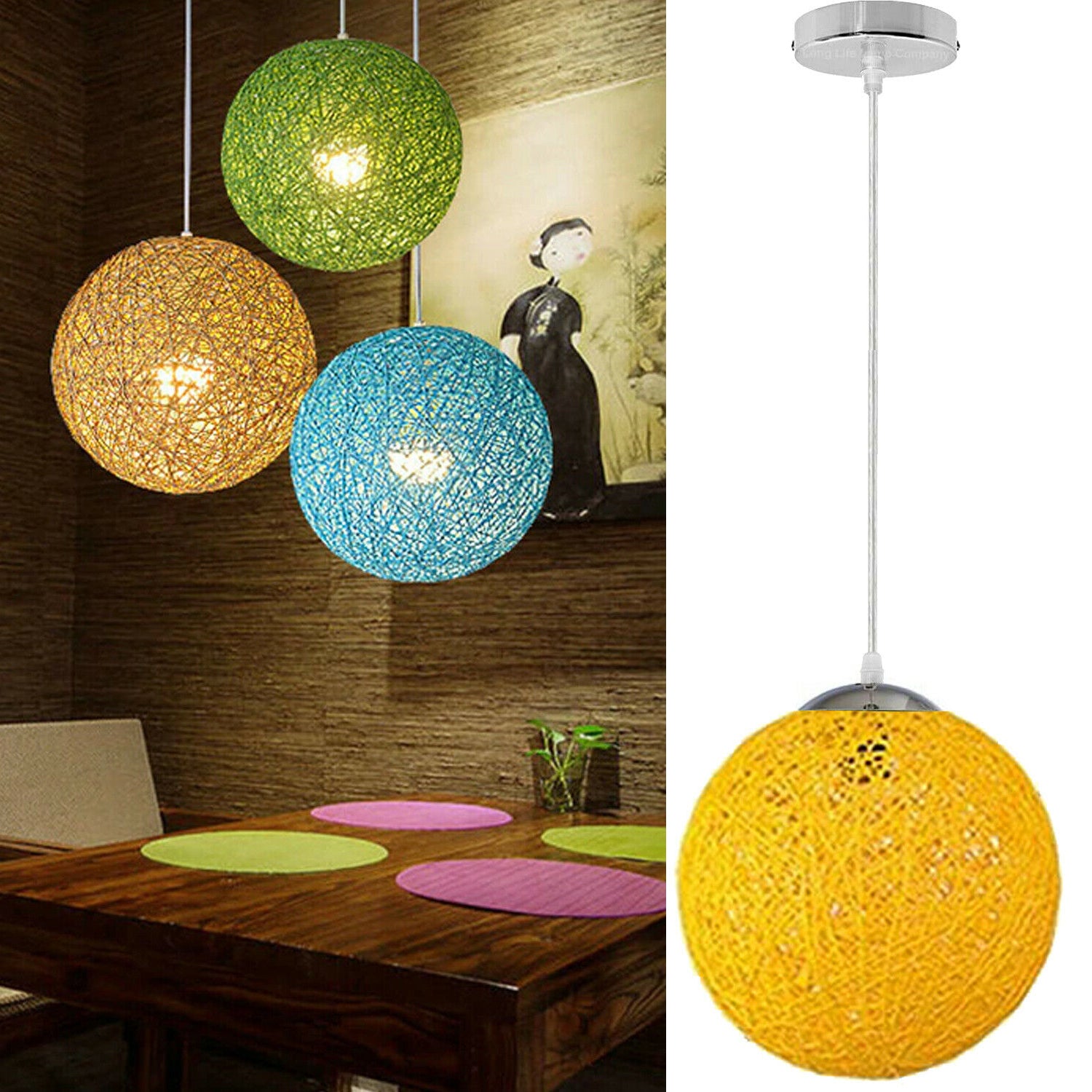 Yellow Modern Lattice Wicker Rattan Globe Ball Style Ceiling Pendant Light Lampshade~1813 - LEDSone UK Ltd