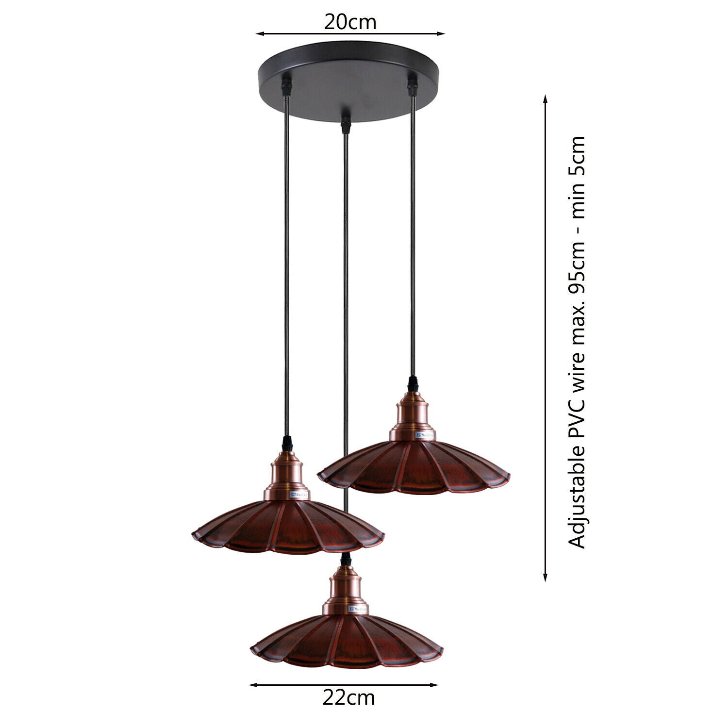 3 Outlet Rustic Red Wavy Metal Ceiling Pendant Light~1485 - LEDSone UK Ltd