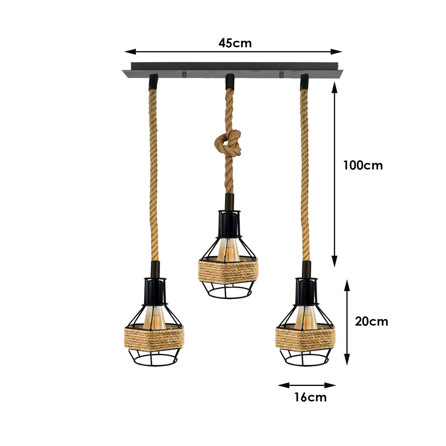 Vintage Industrial E27 3 Head Hemp Rope Pendant Ceiling Light Retro Decor~2230 - LEDSone UK Ltd
