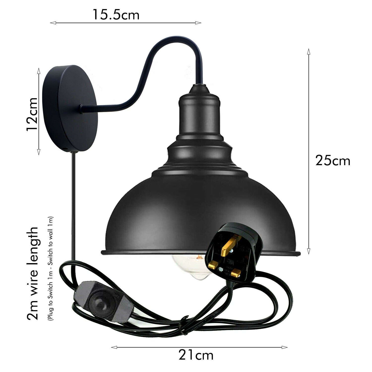 Dimmer Switch Black dome shade swan neck plug in wall lights
