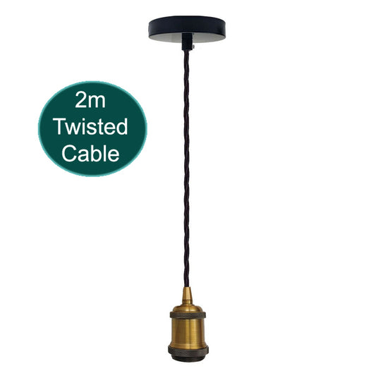 2m Black Twisted Cable E27 Base Pendant Yellow Brass Holder~1728 - LEDSone UK Ltd