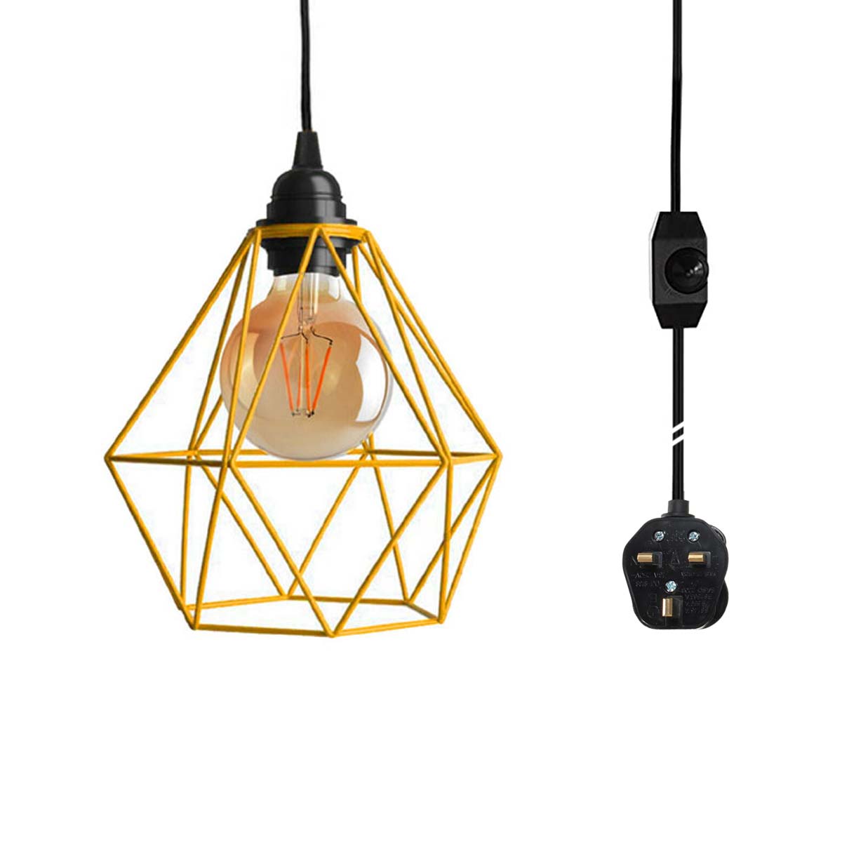Plug In Pendant With Dimmer Switch 4m Fabric Cable Diamond Cage Light
