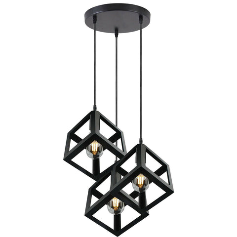 Vintage Industrial 1/3 Light Black Square Cluster Pendant Light Fitting~1256