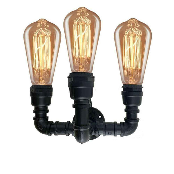 Industrial Water Pipe Wall Light 3-Way Steampunk Iron Metal Fitting ~2890 – Black / Yes