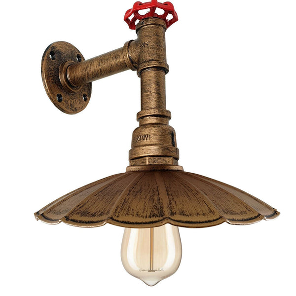 Vintage industriële pijpwandlamp met parasolkap ~1250 – Rustiek Rood / Met lamp