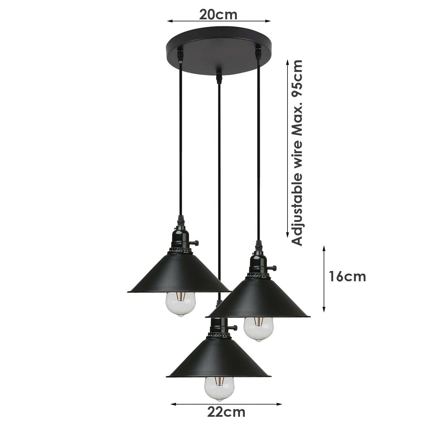3 Way Vintage Black Ceiling Pendant Light Metal Retro Loft Hang Lampshade - Size Image 2