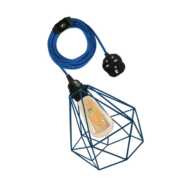 Vintage stoffen flexkabel plug-in hanglamp E27 fitting ~ 3395 – Blauw / Ja