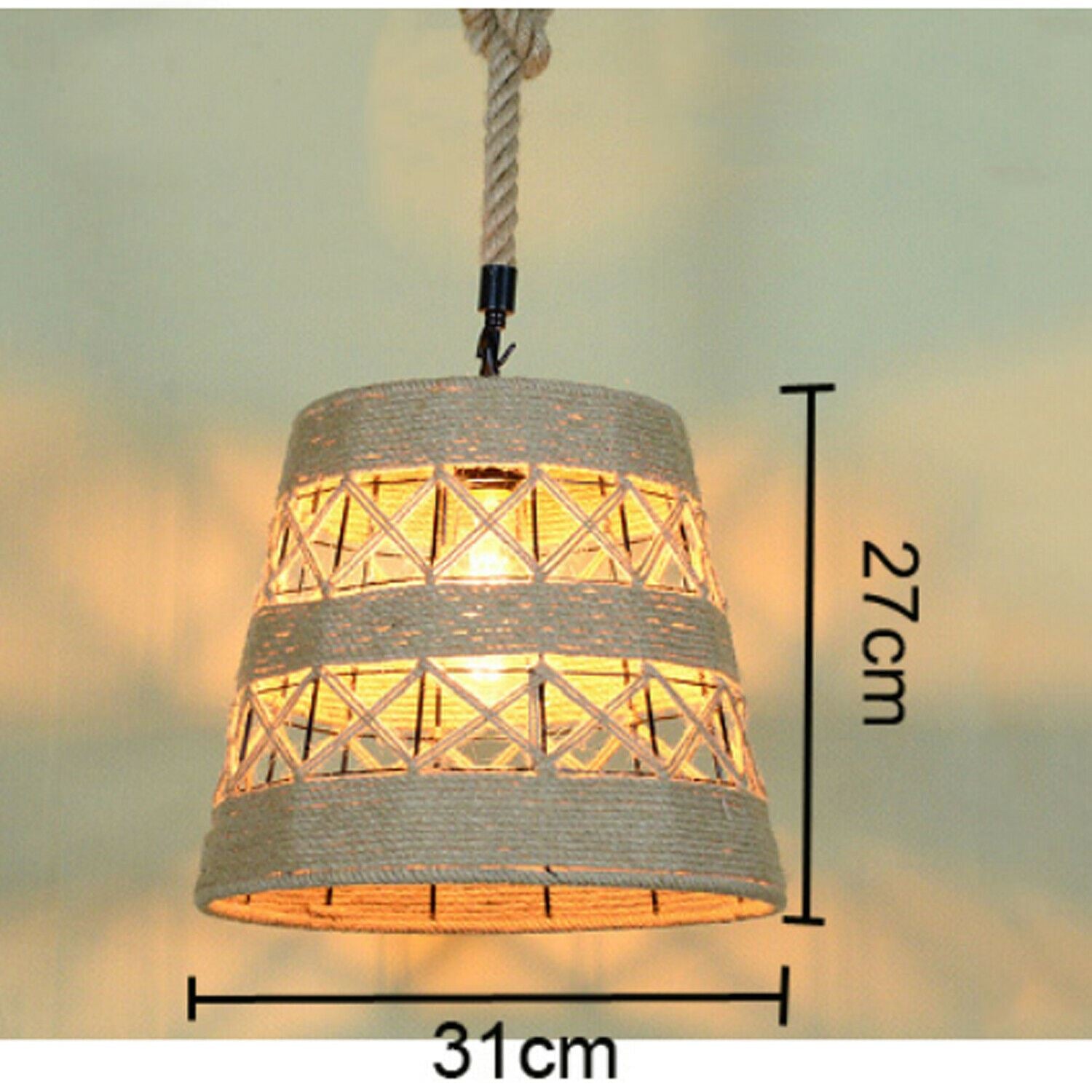 metal shade covered hemp rope pendant light - size image