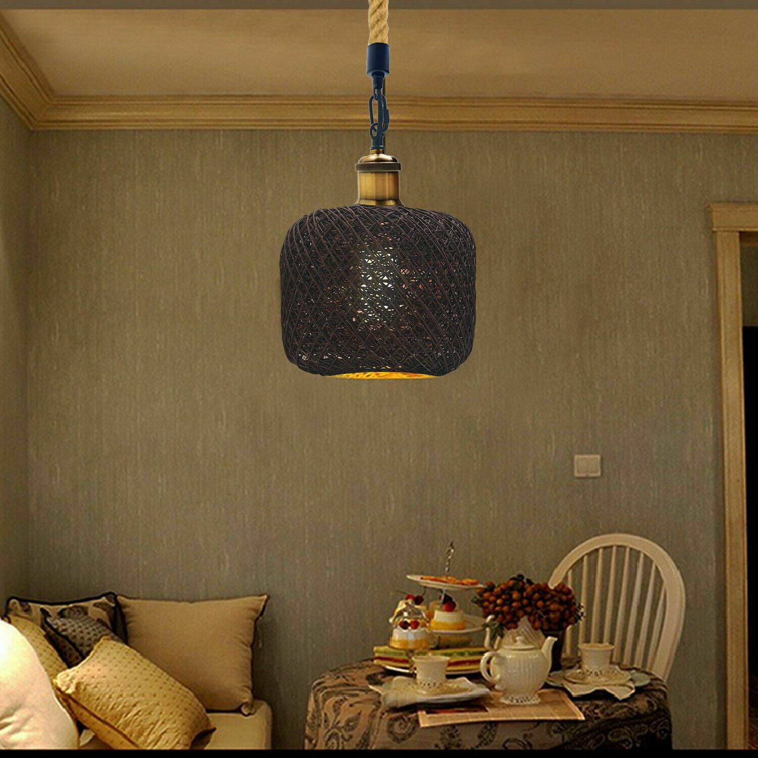 Rattan Ceiling Light lamp Hanging Hemp Rope Pendant Lamp Shade~1333 - LEDSone UK Ltd