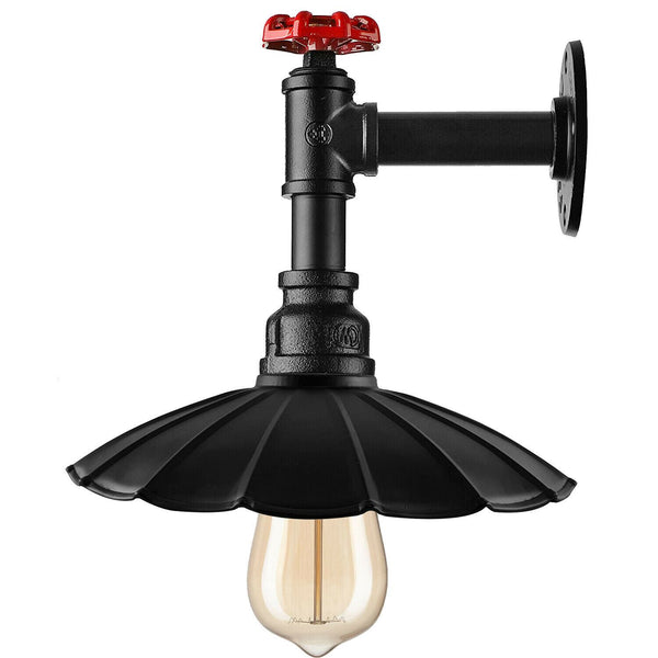 Vintage industriële pijpwandlamp met parasolkap ~1250 – Zwart / Met lamp