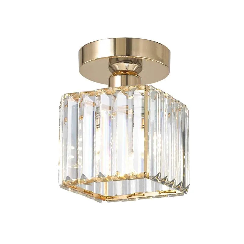 Crystal Semi Flush Ceiling Light Fixture E27 Square Fitting Ceiling Lamp Chandelier-Gold