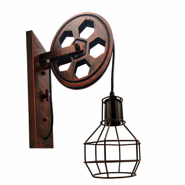 Industrial Pulley Wheel Wall Light Wood and Iron Cage Sconce E27~2231 – Rustic Red
