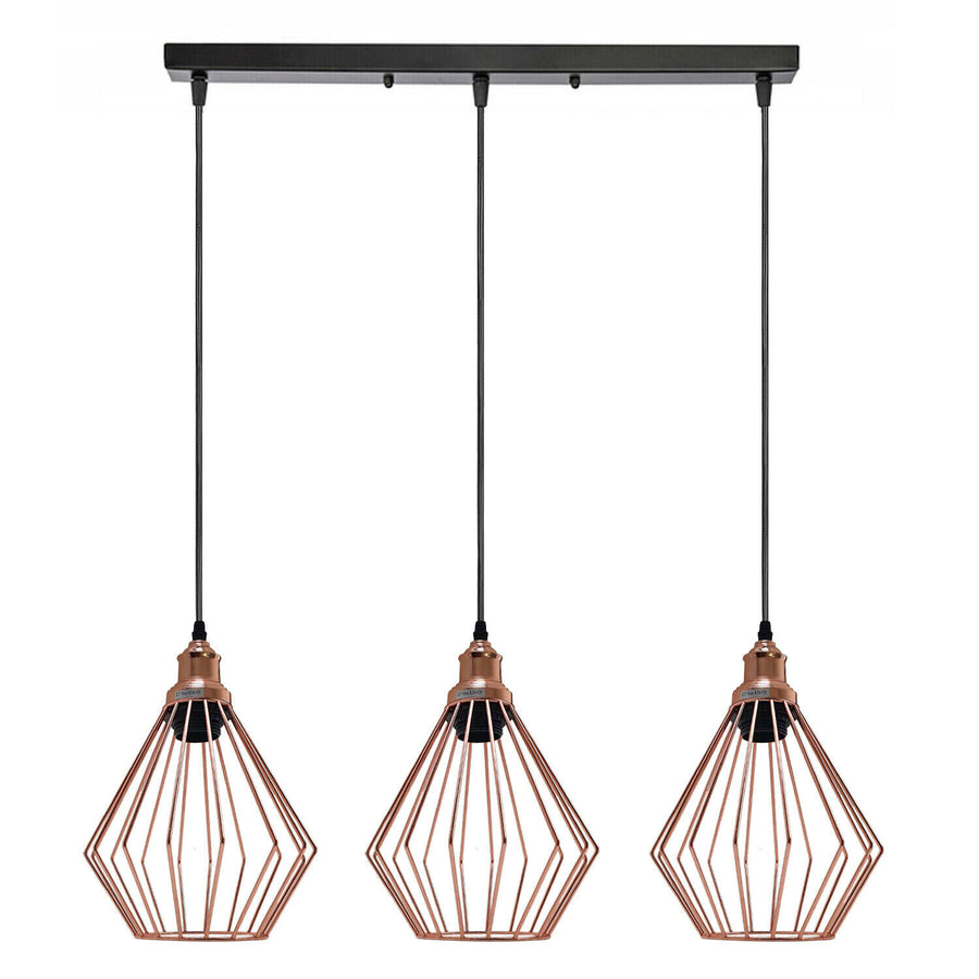 Linear cage pendant lights above a kitchen island