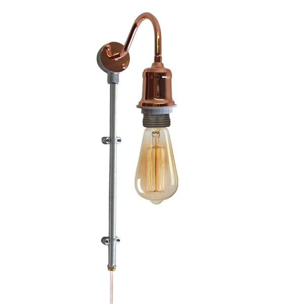 Industrial Galvanised Conduit Pipe Plug-in Wall Light with Fabric Cable~1604 – Rose Gold / Yes
