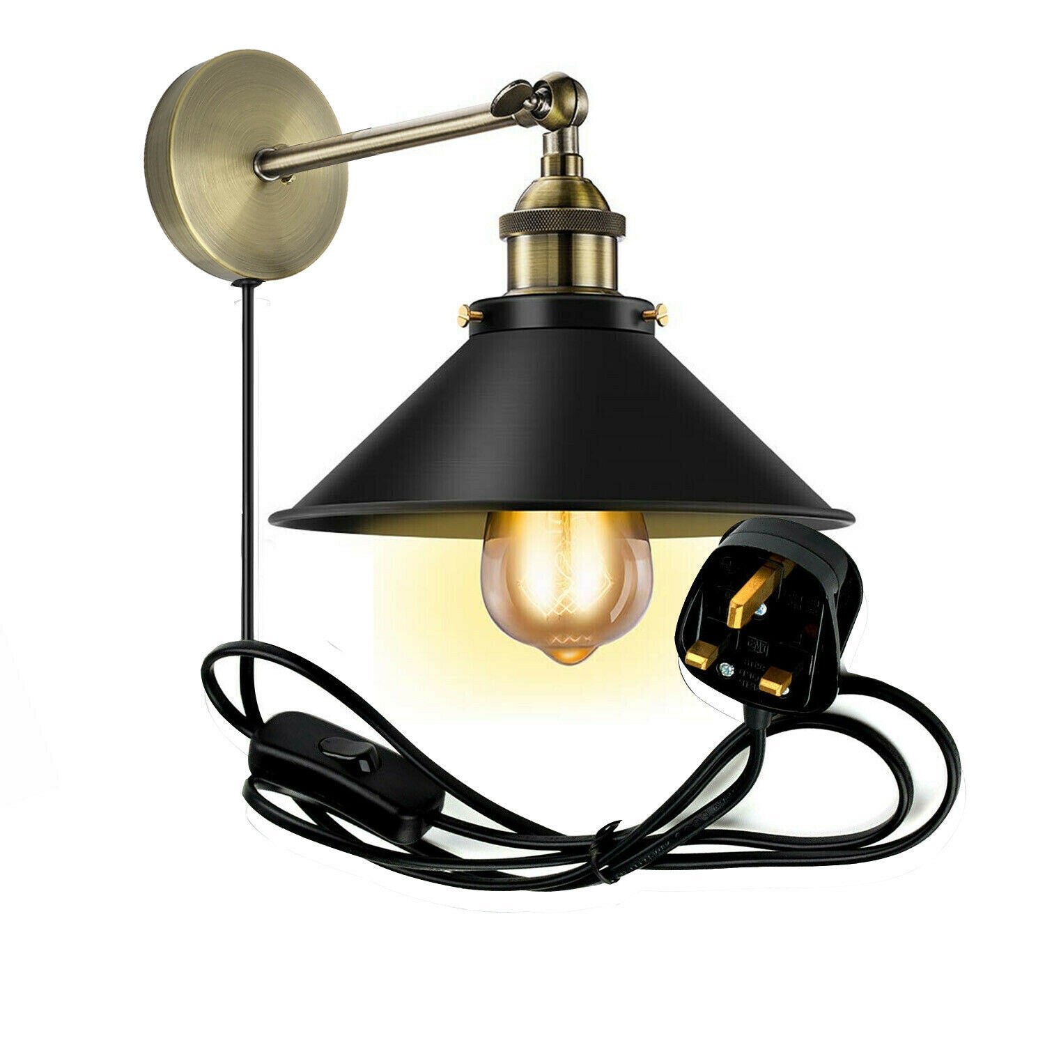 Vintage Retro Modern Plug In Wall Light Fitting Black Sconce with FREE Bulb