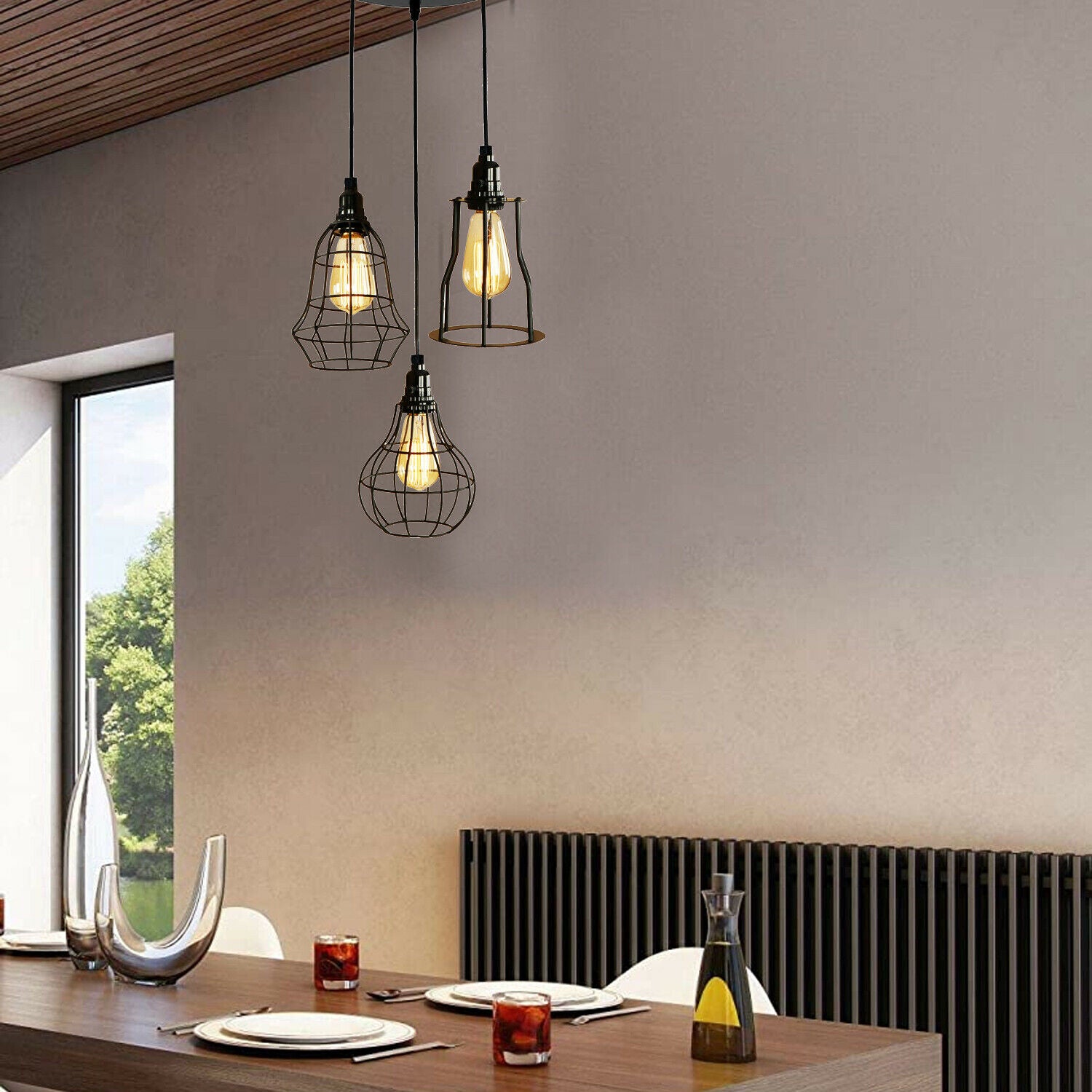 Modern Style 3 point pendant set ceiling light fixture bulb guard cage lights loft hanging set~2012 - LEDSone UK Ltd