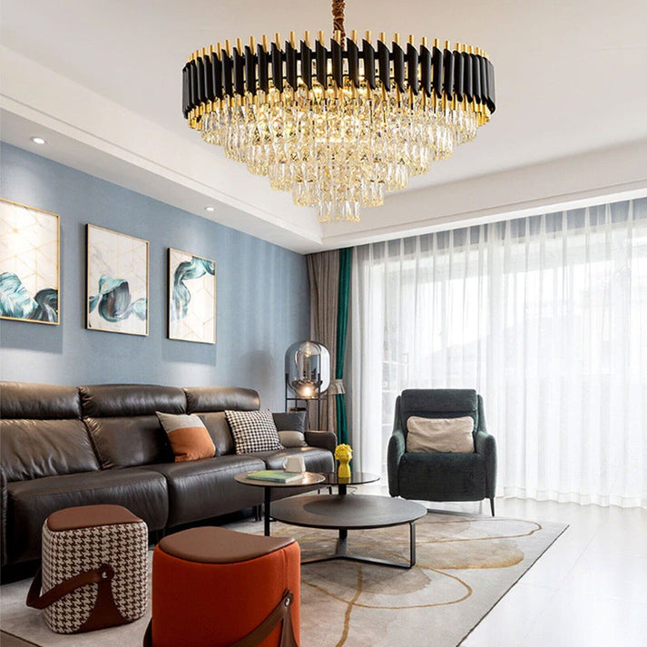 Large crystal chandelier in a luxurious living room.