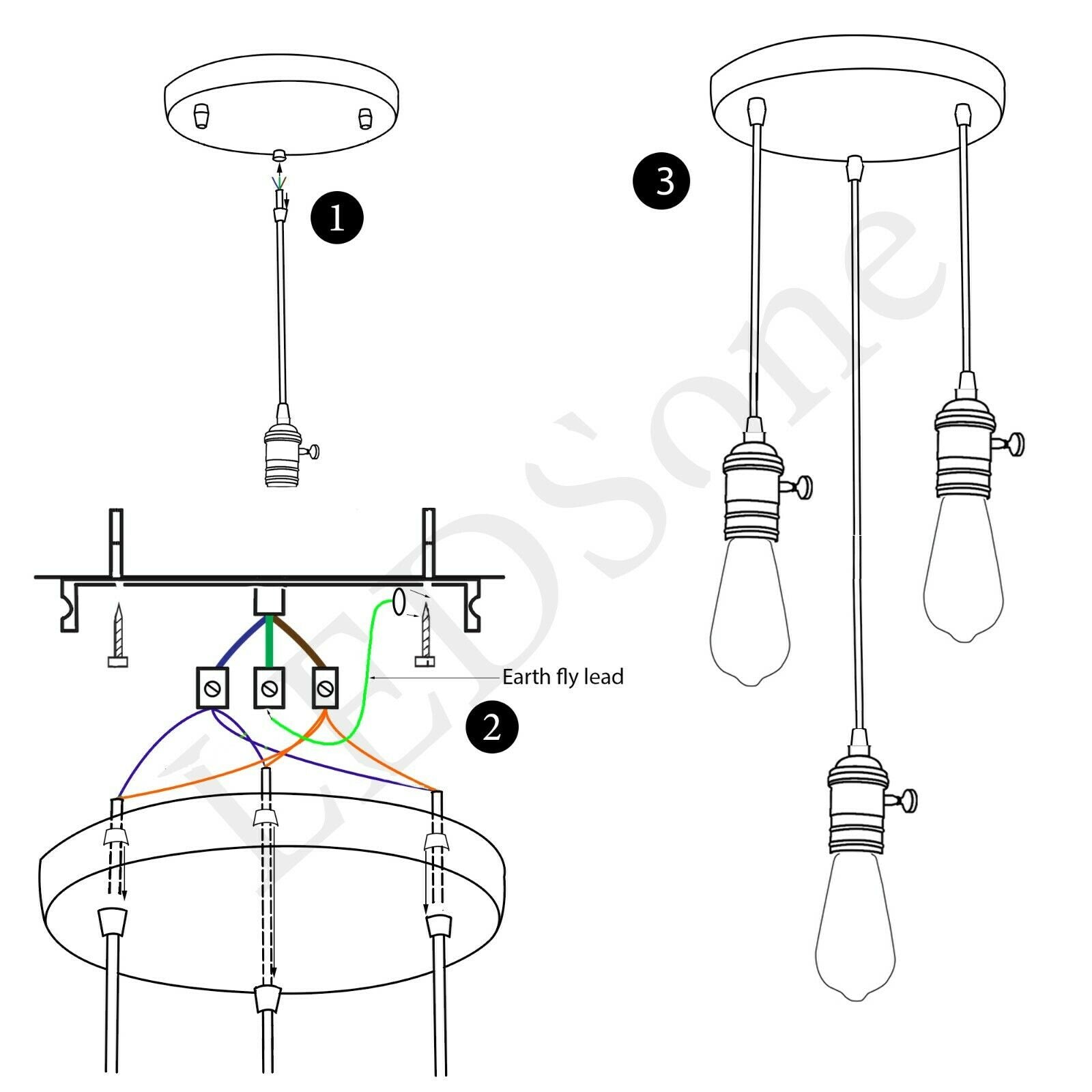 Vintage Ceiling Rose Pendant Braided Fabric Flex Lamp Holder Fitting 3 Light Kit~2128 - LEDSone UK Ltd