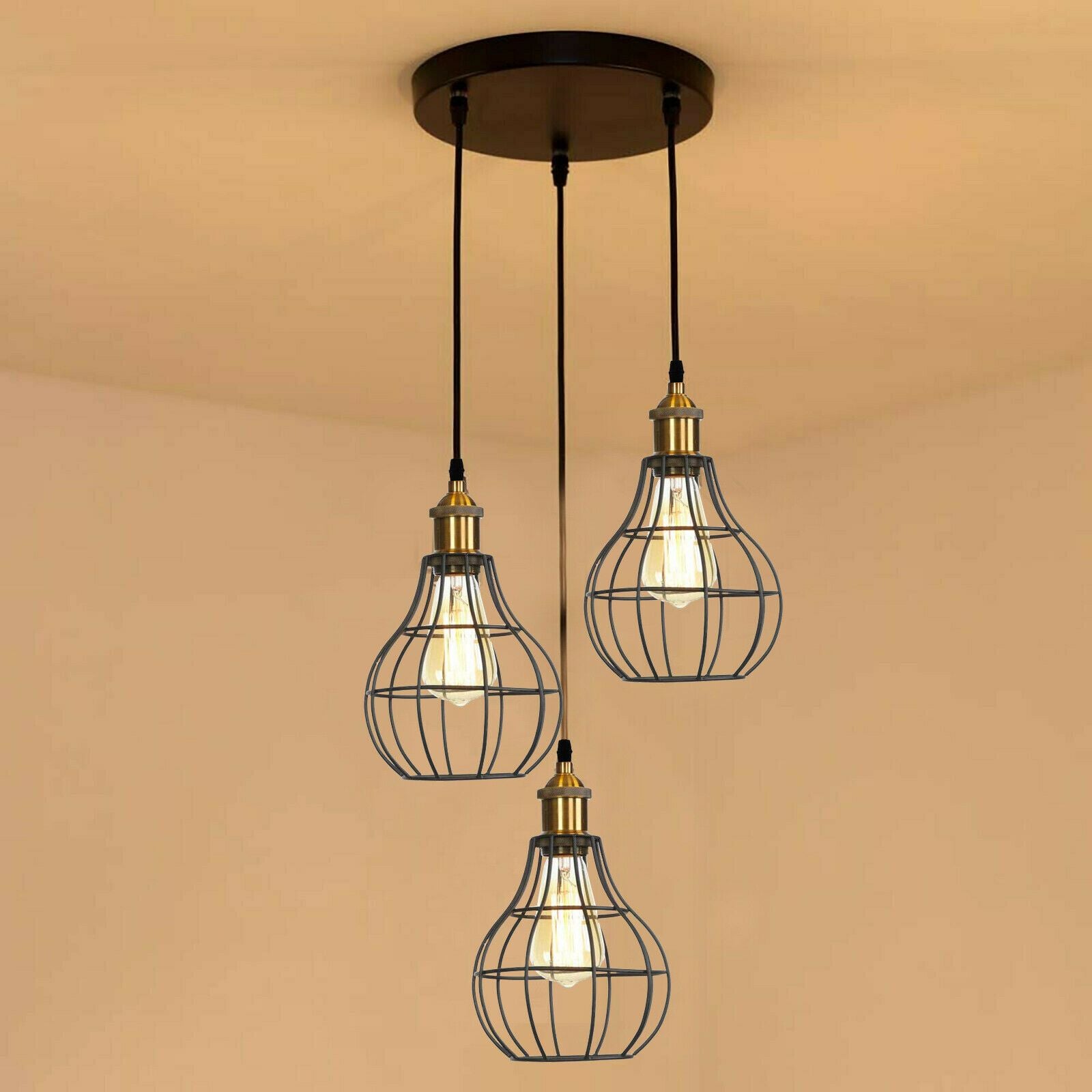  Industrial Wire Cage Style Retro Ceiling Pendant Light 3 Head Ceiling Lamp