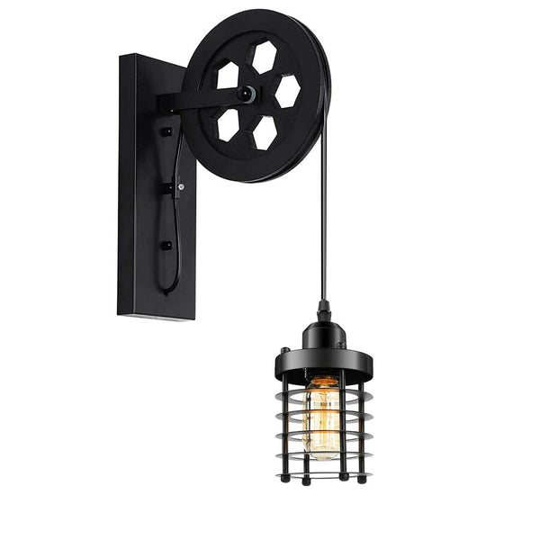 Vintage Industrial Adjustable Pulley Wheel Wall Mounted Light ~1222 – Black / No
