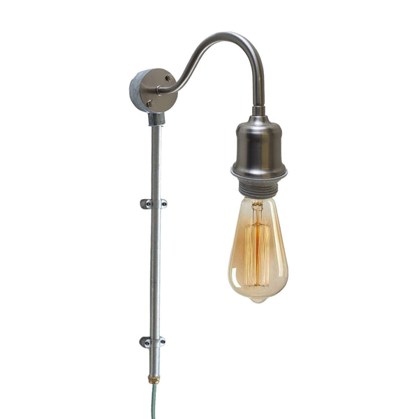 Industrial Galvanised Conduit Pipe Plug-in Wall Light with Fabric Cable~1604 – Satin Nickel / Yes
