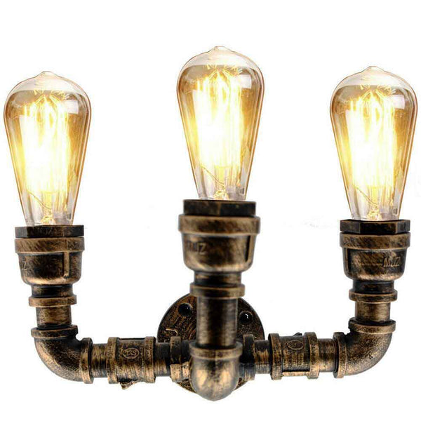 Industrial Water Pipe Wall Light 3-Way Steampunk Iron Metal Fitting ~2890 – Brushed Copper / Yes