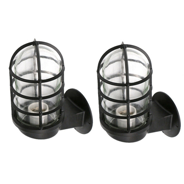 Industrial Vintage Cage Wall Light E27 Glass Shade Twin Pack~2009 – Black / No