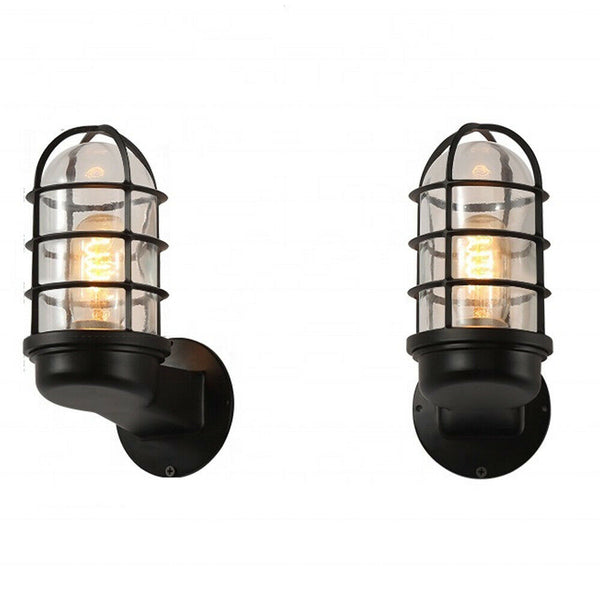 Industrial Vintage Cage Wall Light E27 Glass Shade Twin Pack~2009 – Black / Yes