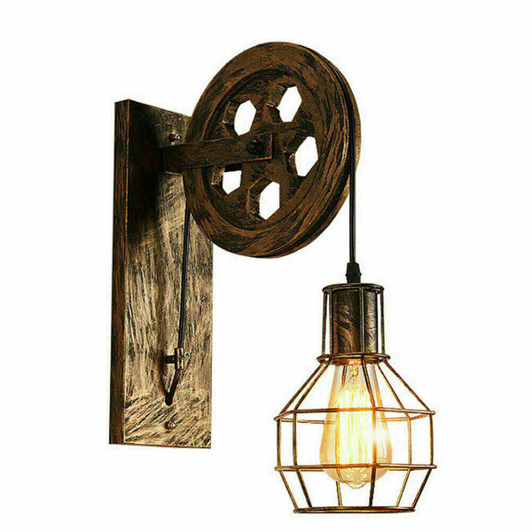 Vintage Industrial Pulley Wheel Cage Wall Lamp~1912 – Brushed Copper / Yes