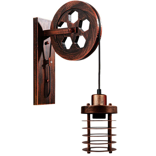 Vintage Industrial Adjustable Pulley Wheel Wall Mounted Light ~1222 – Rustic Red / No